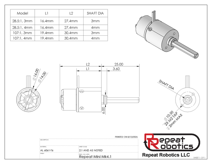 Repeat Robotics "Mini" 16mm Brushless Planetary Motor Mk4.1, 4mm Shaft