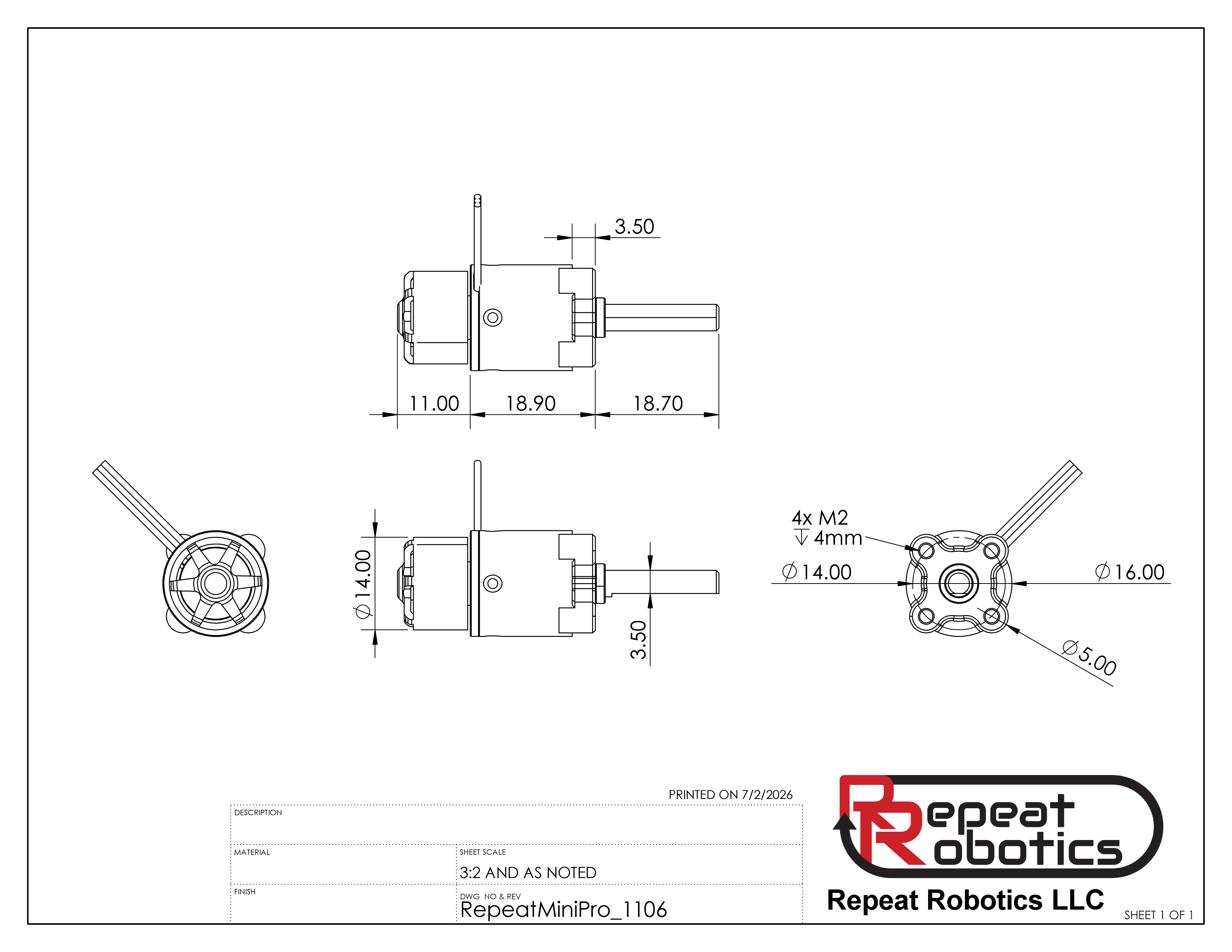 Repeat Robotics "Mini Pro" 16mm Brushless Planetary Motor, 4mm Shaft