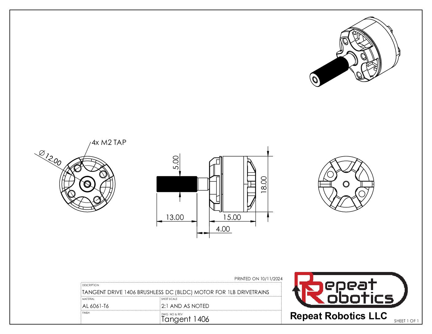 Repeat Robotics Tangent Drive Motor 1406 1500KV-Ant
