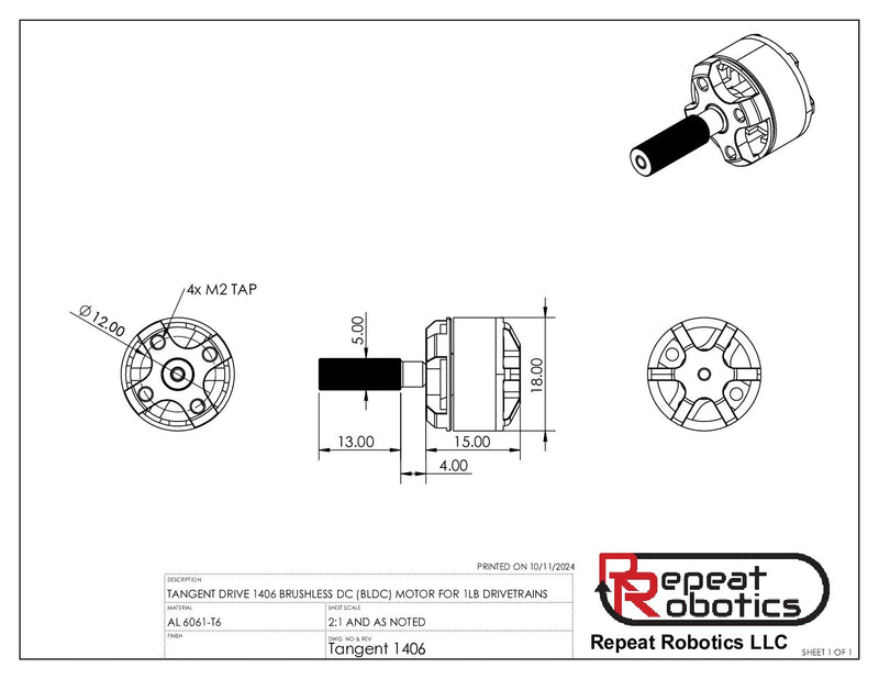Repeat Robotics Tangent Drive Motor 1406 1500KV-Ant