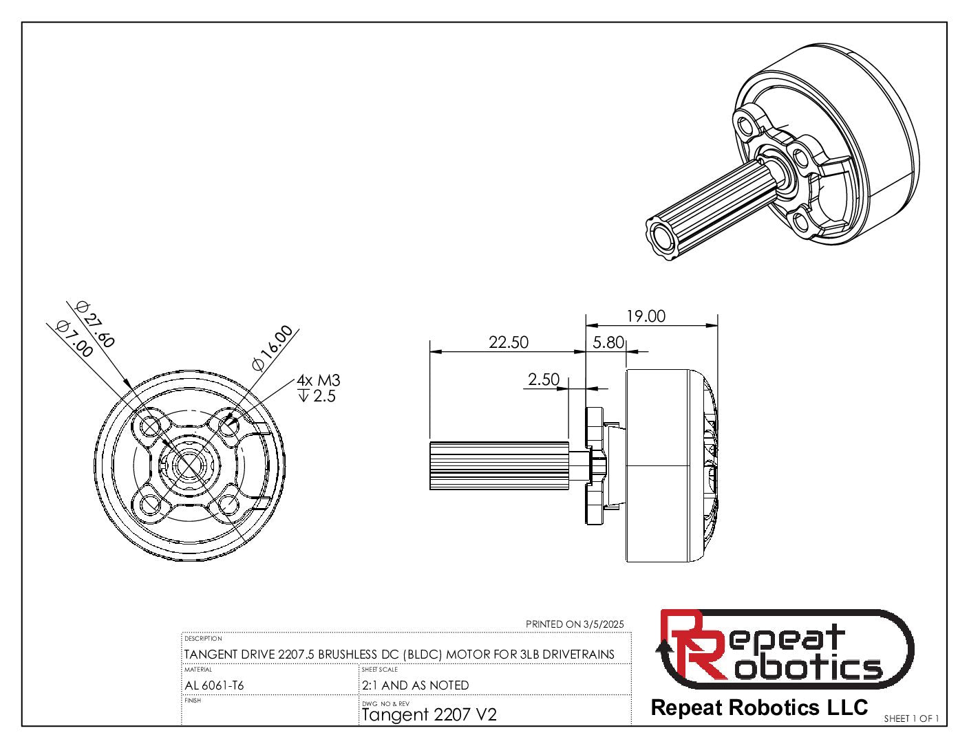 Repeat Robotics Tangent Drive Motor 2207.5 1200KV-Beetle