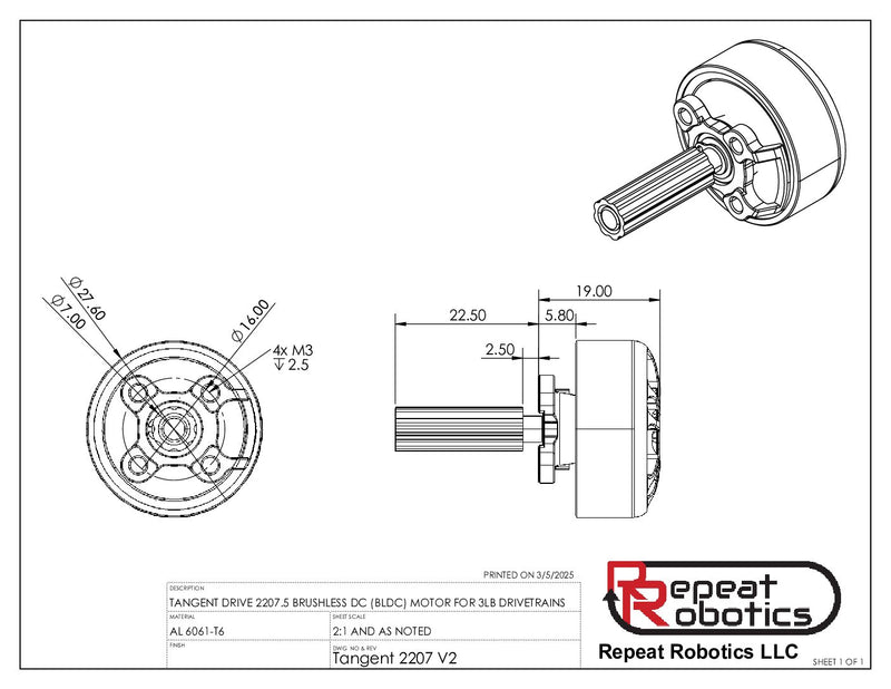 Repeat Robotics Tangent Drive Motor 2207.5 1200KV-Beetle